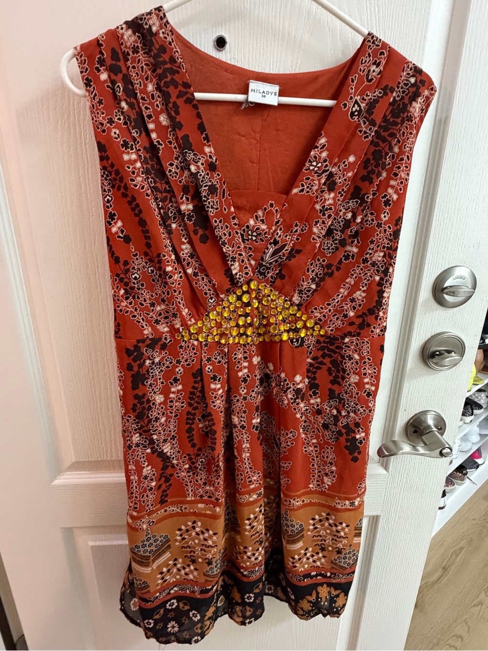 Miladys Rust Orange Floral Sleeveless Dress/Tunic Beaded Waist Size 36 / Medium